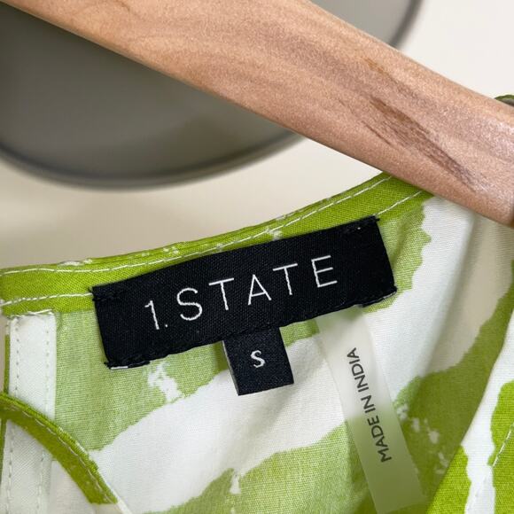 1. STATE Tiered Cotton Poplin Maxi Dress Green White Abstract Leaf Sz S {P34} - Picture 6 of 8